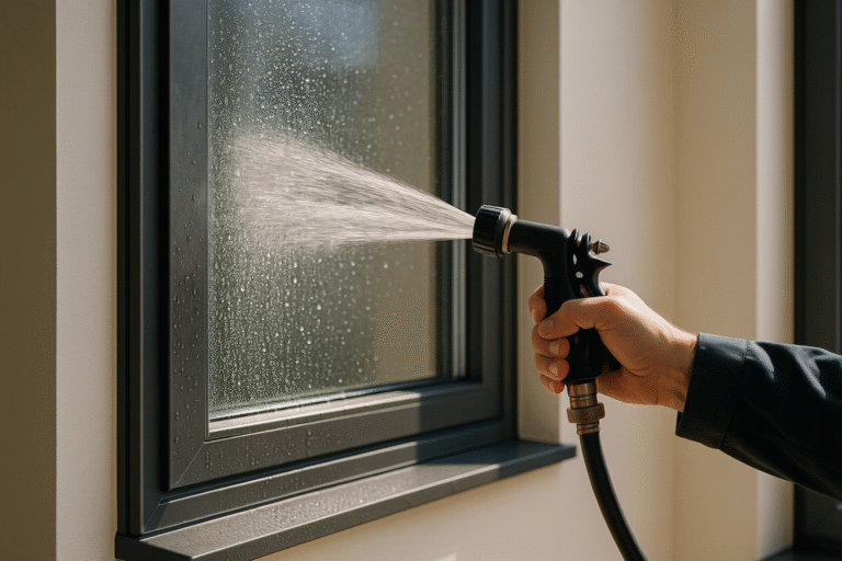 simulated rain hose test on a window frame to check for leaks in a north dallas home