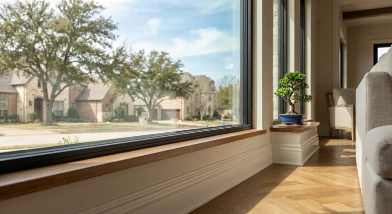interior view of a vacuum insulated glass window installed in a modern North Texas home, showing a slim profile and clear glass designed to reduce heat and improve energy efficiency.