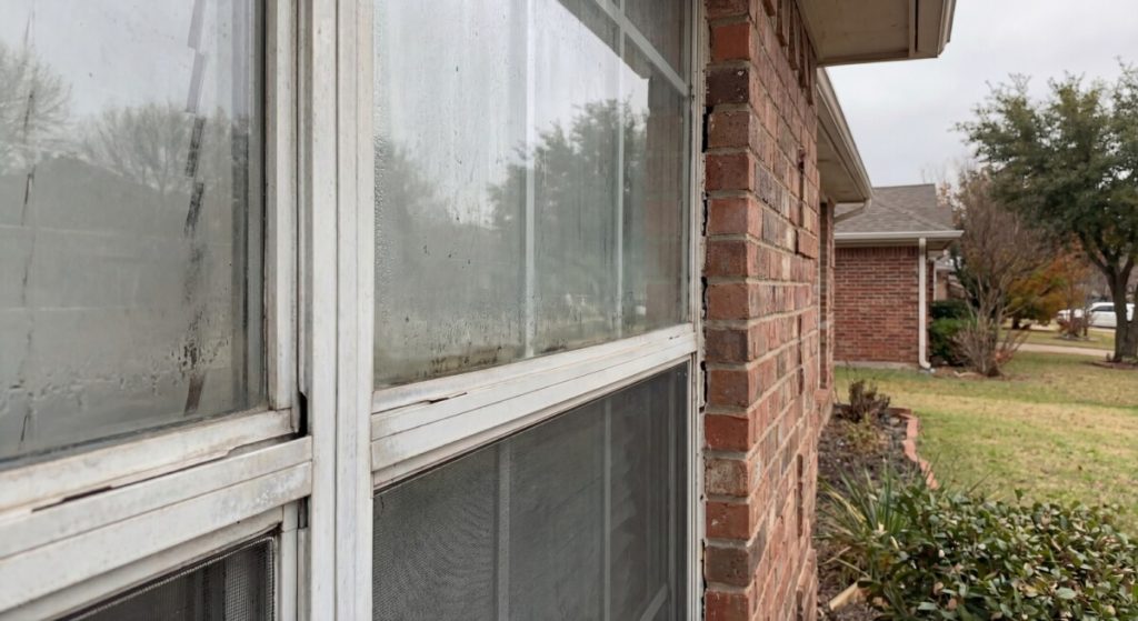 Drafty builder-grade windows in a North Texas home caused by poor installation tolerances and air leakage