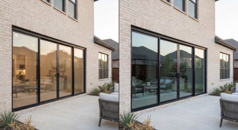 Low-E coated window glass reducing solar heat and glare in a Frisco Texas brick home
