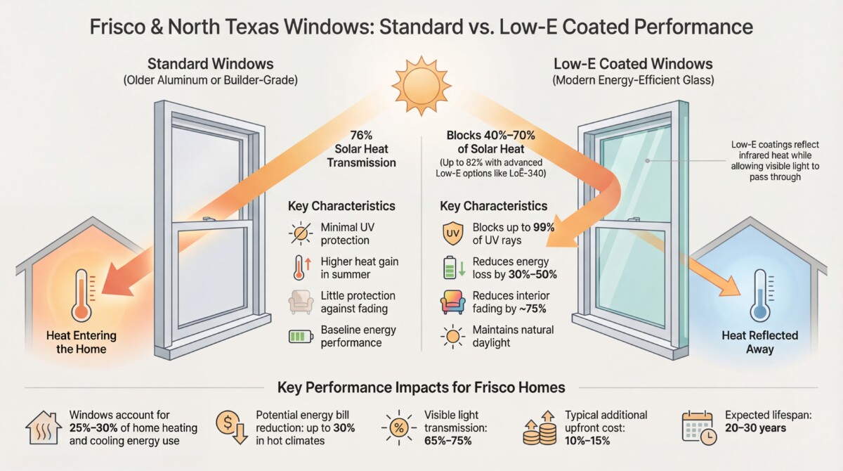 Low-E coated windows vs standard builder-grade windows showing solar heat reflection and reduced heat gain for Frisco and North Texas homes.