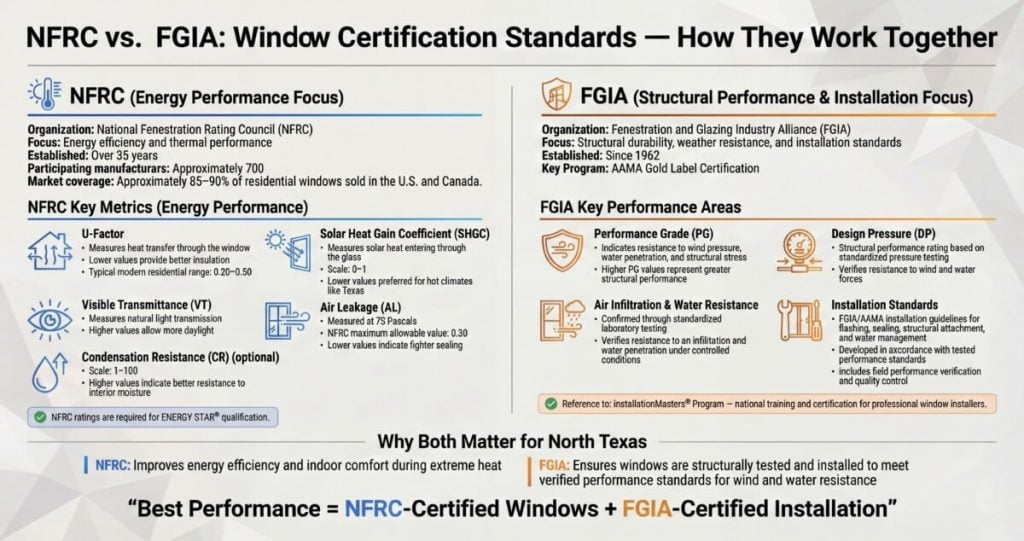 Infographic comparing NFRC energy performance ratings and FGIA structural and installation standards for residential windows