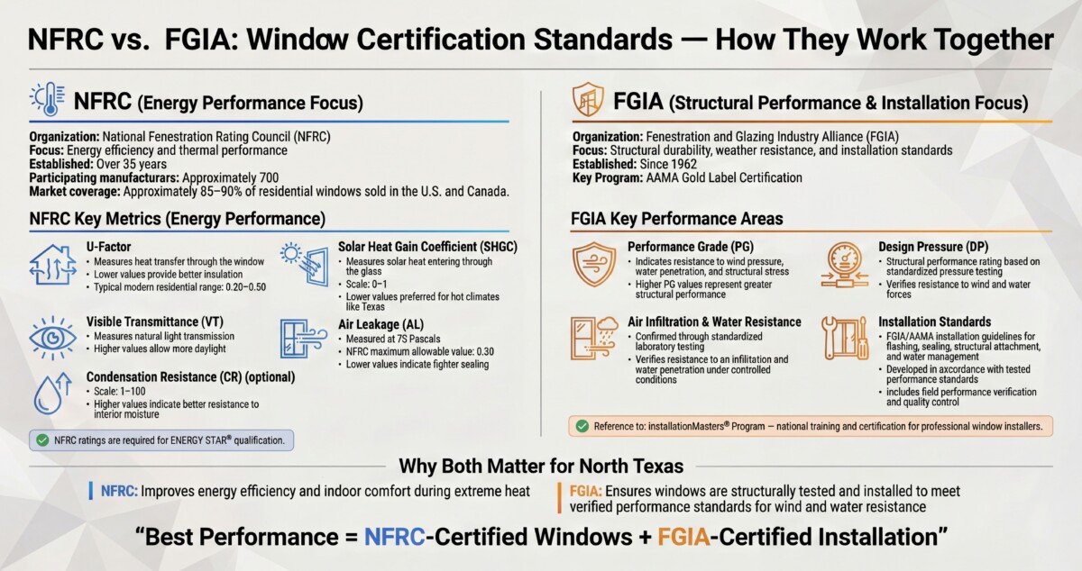 Infographic comparing NFRC energy performance ratings and FGIA structural and installation standards for residential windows