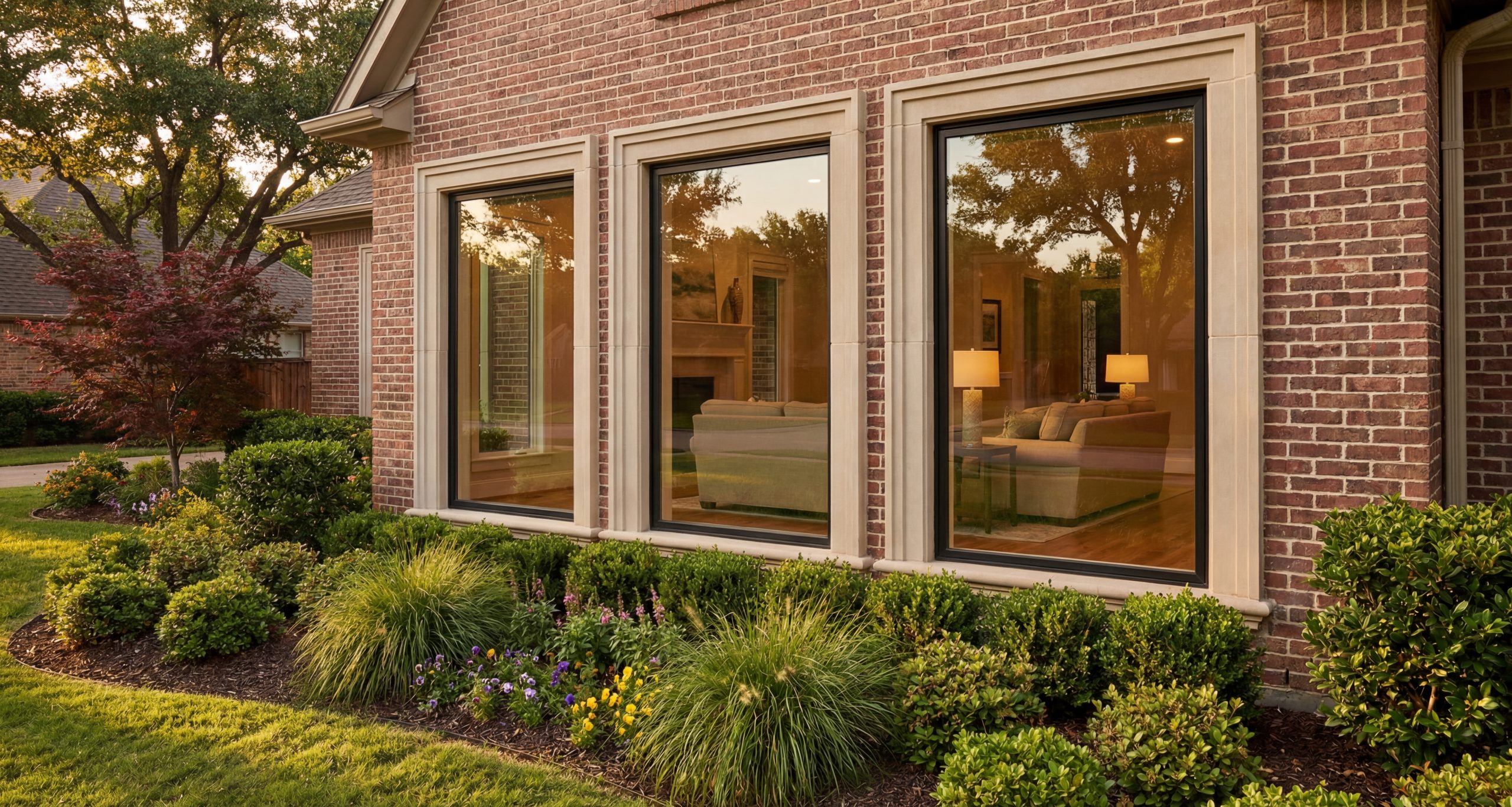 black fiberglass windows, picture windows, dallas home, optimal windows installation