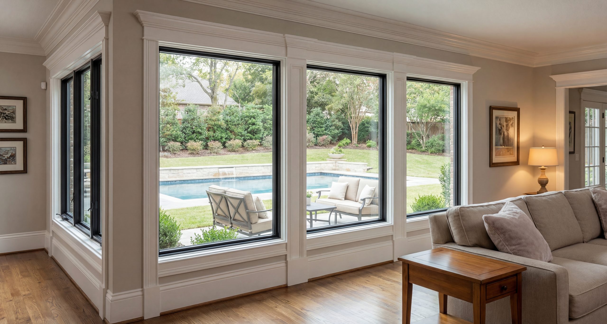 black fiberglass windows, pool, dallas home, optimal windows